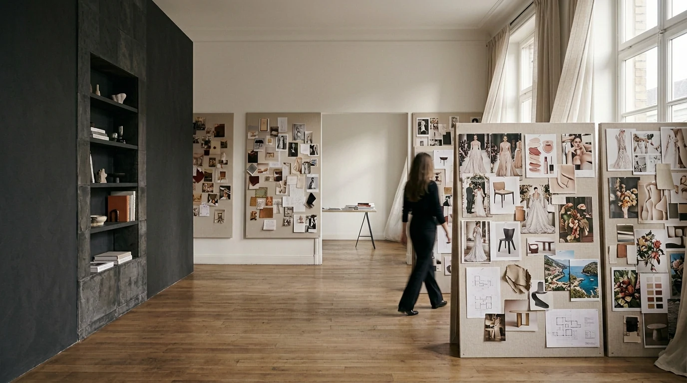 A motion-blurred woman walking away through an airy creative studio with moodboards of fashion, beauty, weddings, furniture, flowers and locations