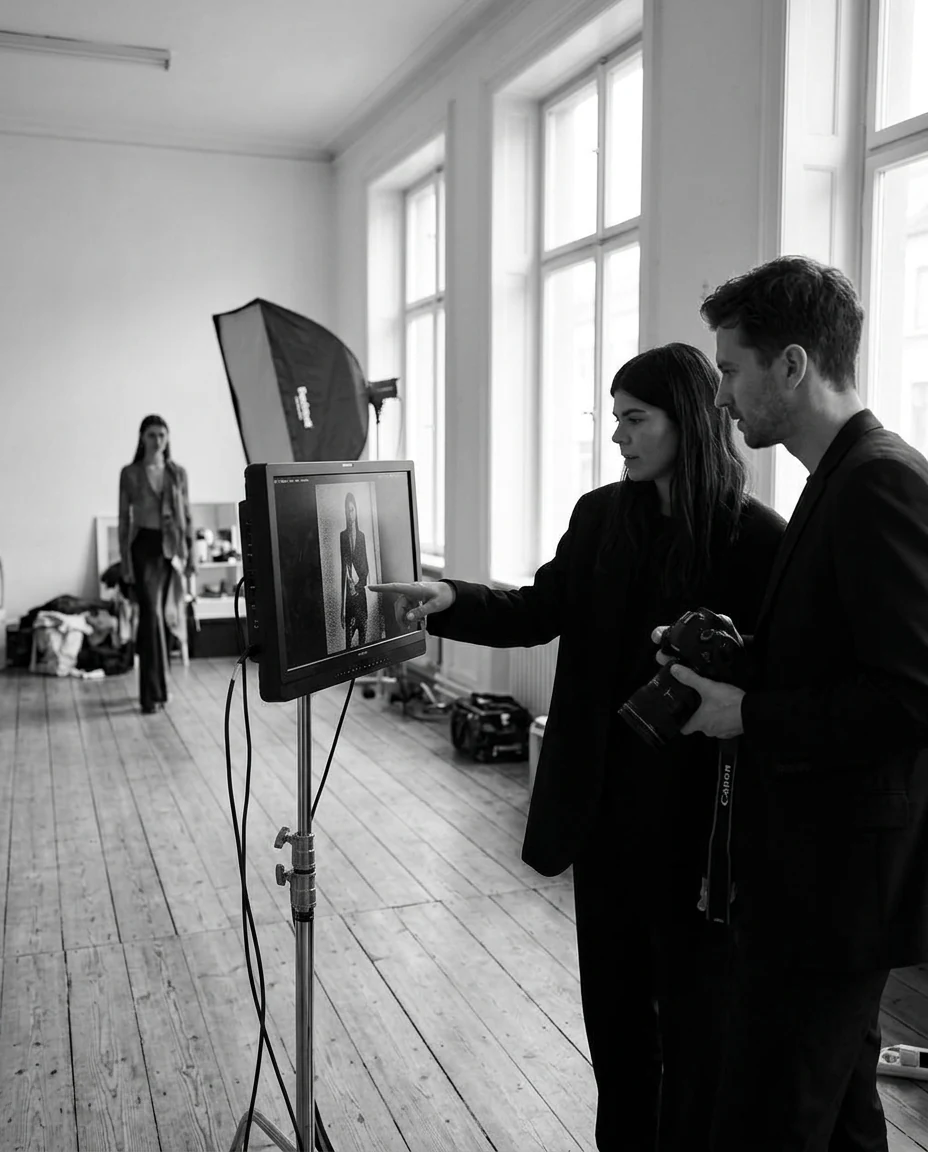 A creative director and photographer reviewing imagery during a fashion editorial shoot