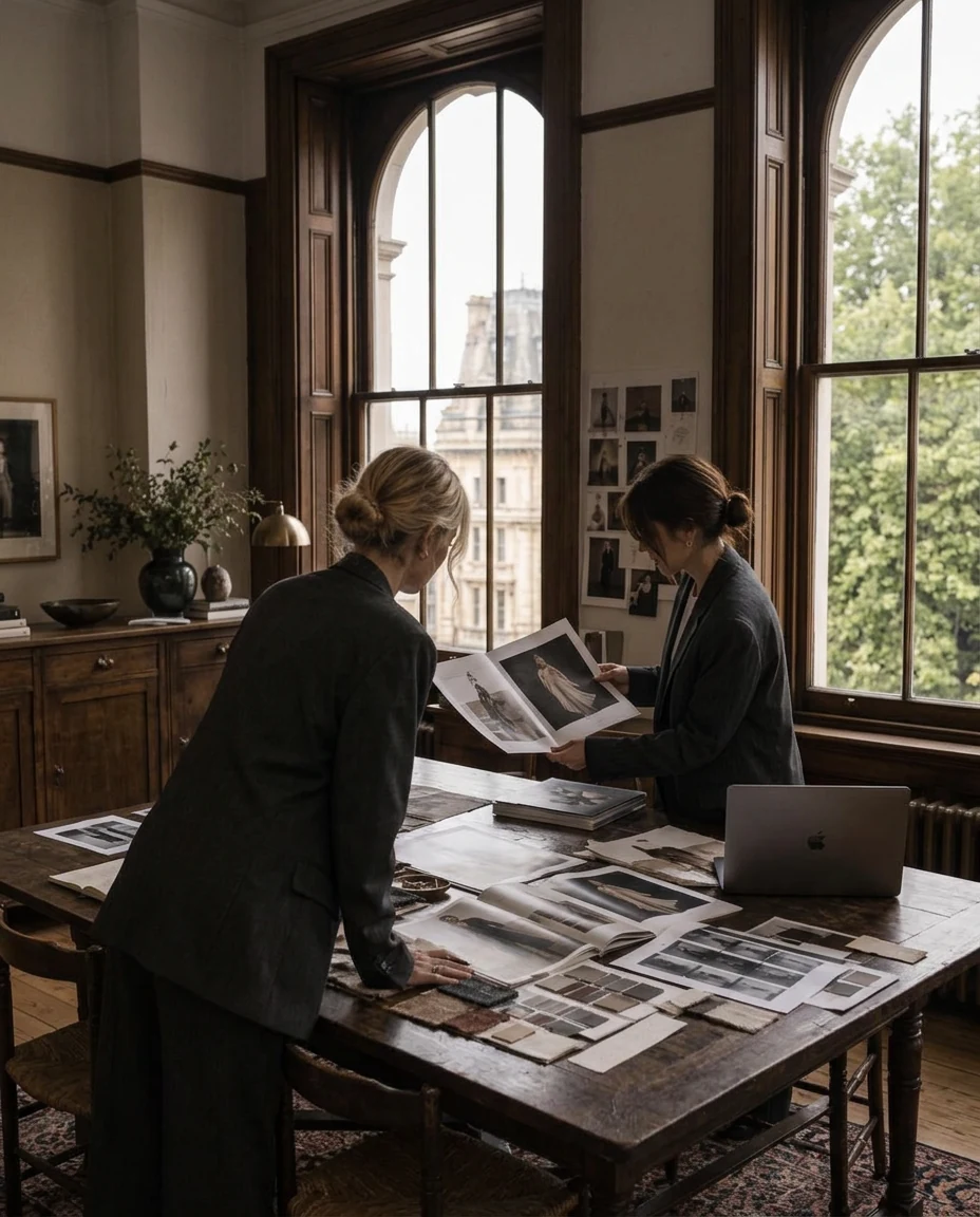 Creative collaborators reviewing fashion campaign references in a light-filled European studio