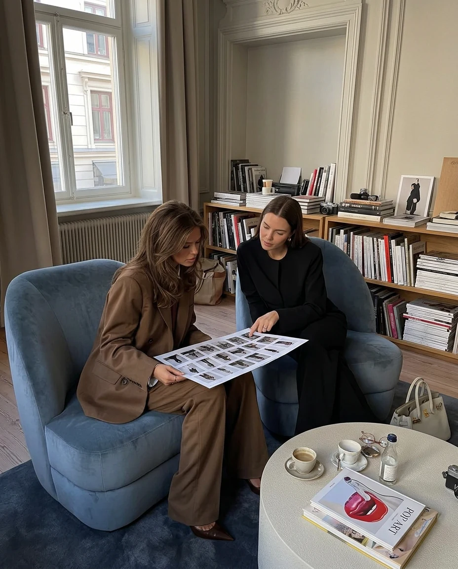 Two fashion collaborators reviewing a contact sheet in a book-filled creative workspace